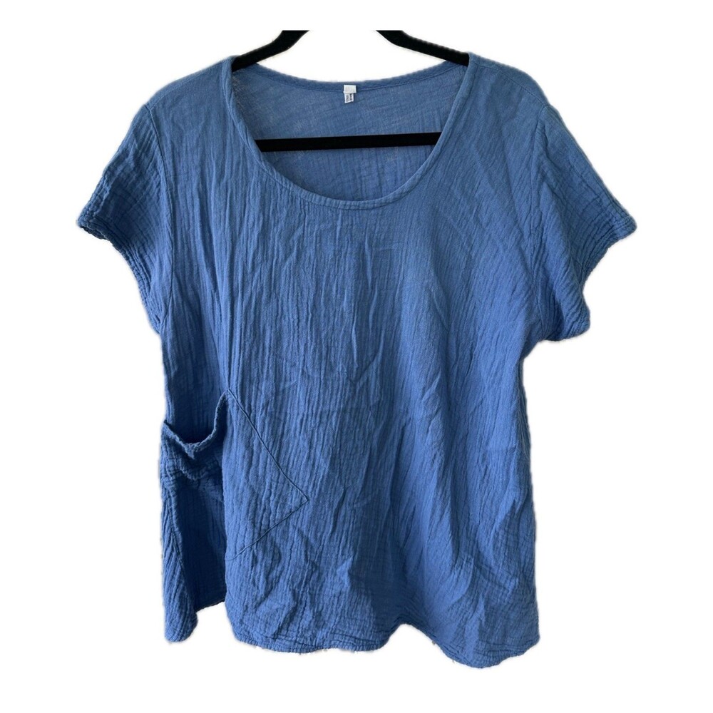 100% Cotton Blue Pullover Crew Neck Crinkle Shark Bite Hem Tunic Blouse Top L XL